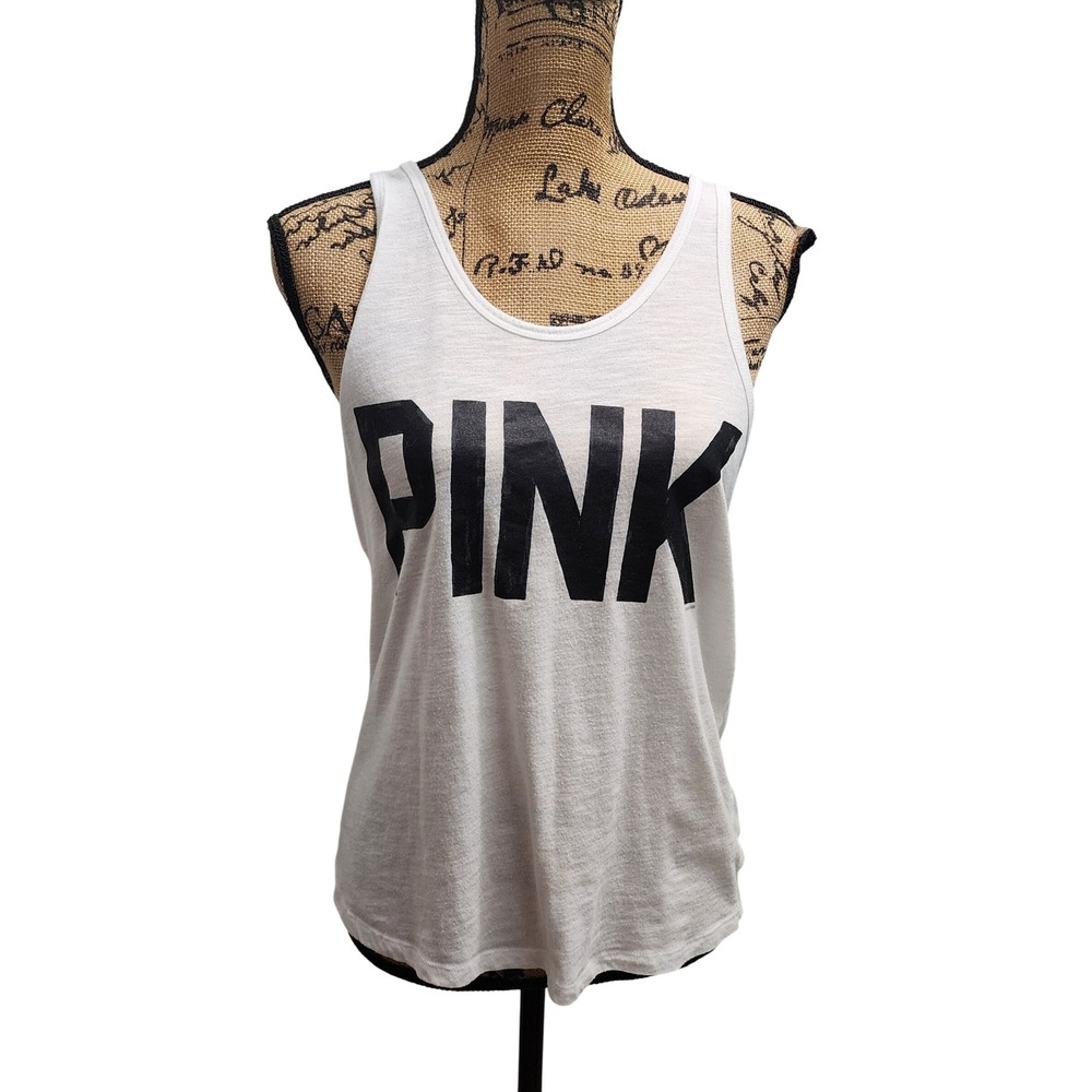 PINK Victoria's Secret White Racerback Tank Top with Lace Back - Women's‎